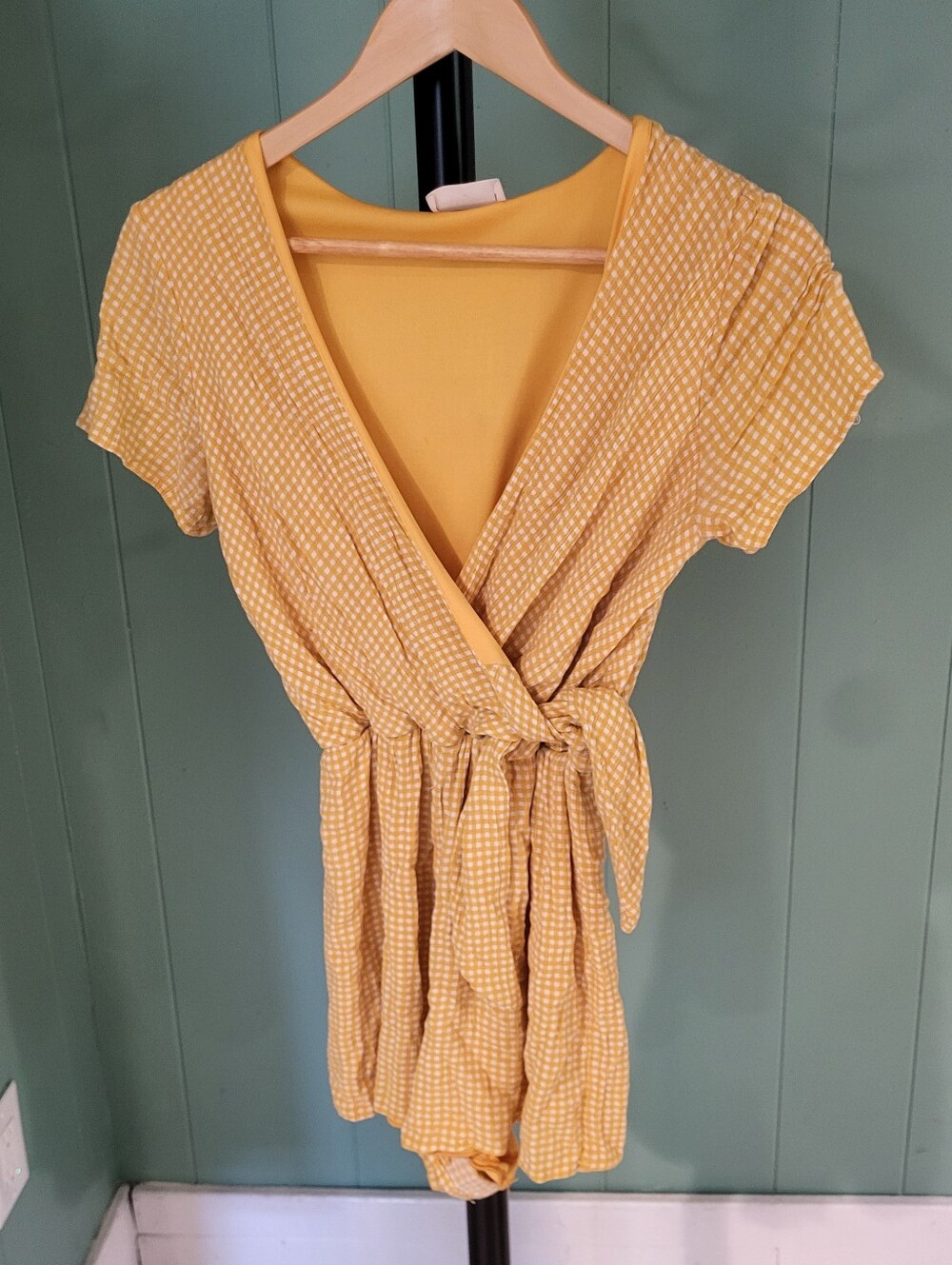 Everly Yellow Gingham Romper, Wrap Tie, Festival, Boho, Coquette